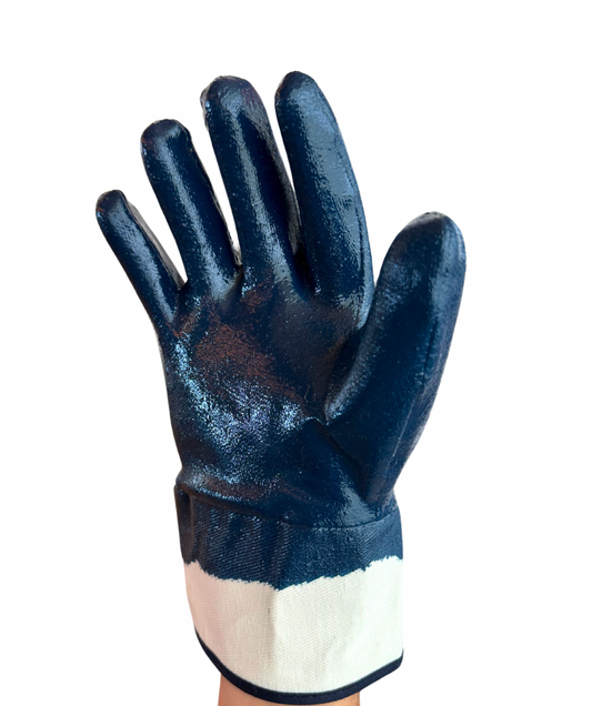 Jersey Liner Full Coated Blue Nitrile Gloves, Safety Cuff 12 pairs/Bag